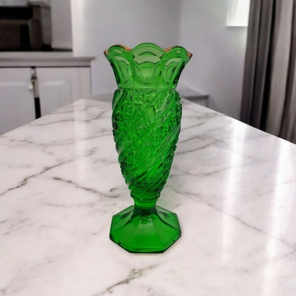 Antique EAPG Green Swirl & Diamond Cane Vase, U.S. Glass Co. c.1900 - Picture 1 of 4